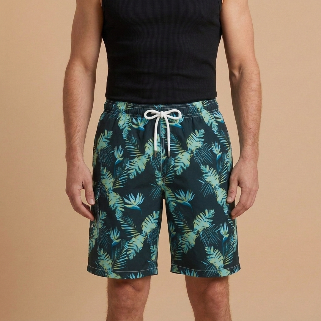 Men's beachwear swim shorts, quick-dry fabric & stretch design for active summer outings.