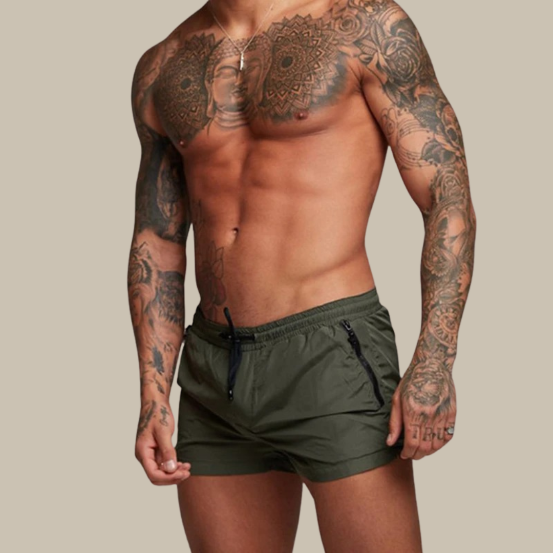 Men's quick-dry stretch swim shorts with pockets, versatile for summer, beach, and water sports.