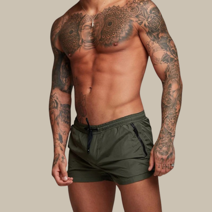 Men's quick-dry stretch swim shorts with pockets, versatile for summer, beach, and water sports.