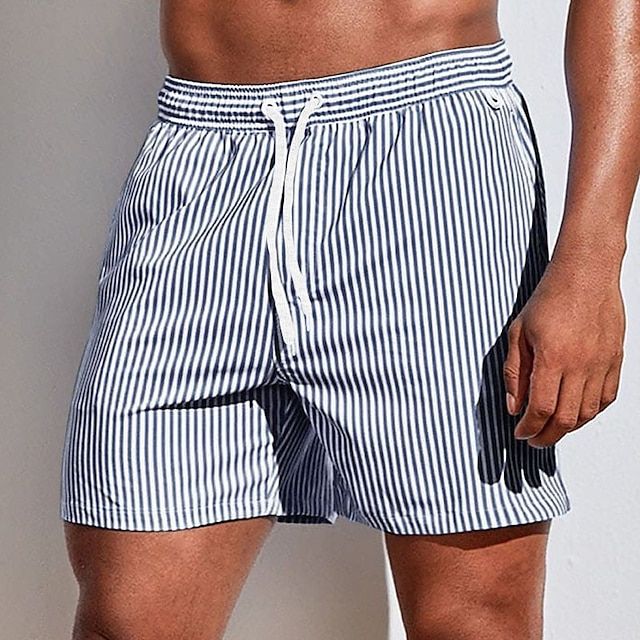 Vibrant striped quick-dry boardshorts, men's essential swimwear for summer fun & relaxation.