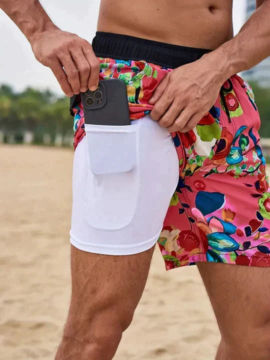 Man wearing quick-dry swim shorts with compression lining, enjoying the beach; perfect for summer activewear.