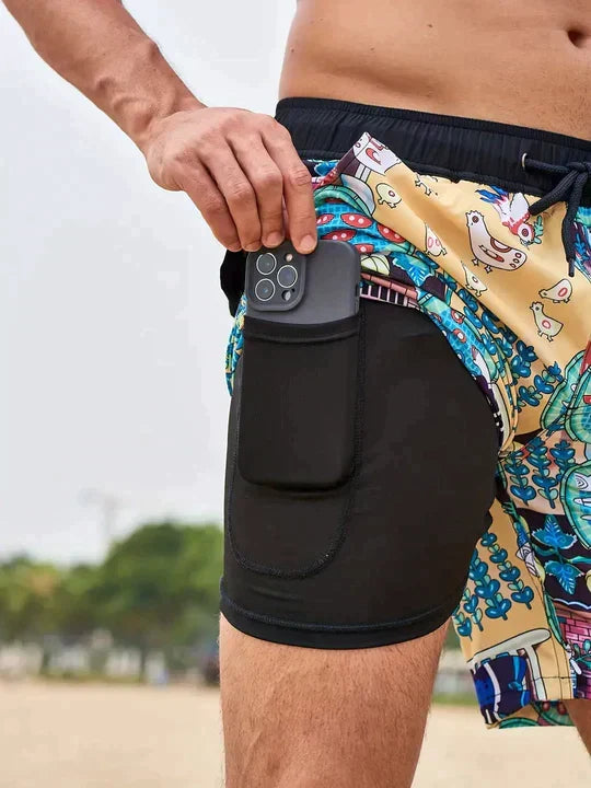Back view of men's quick-dry swim shorts with compression lining, showing pocket detail & secure fit.
