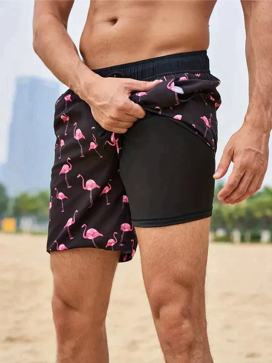 Active men's swim shorts, quick-drying fabric & supportive compression lining, great for vacation & sports.