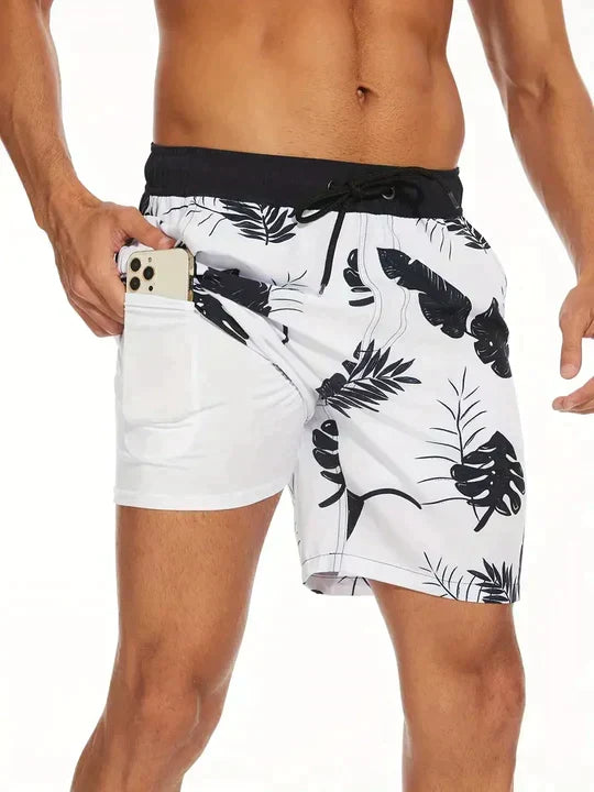 Navy men's quick-dry swim shorts, featuring compression lining for comfort and performance in water.
