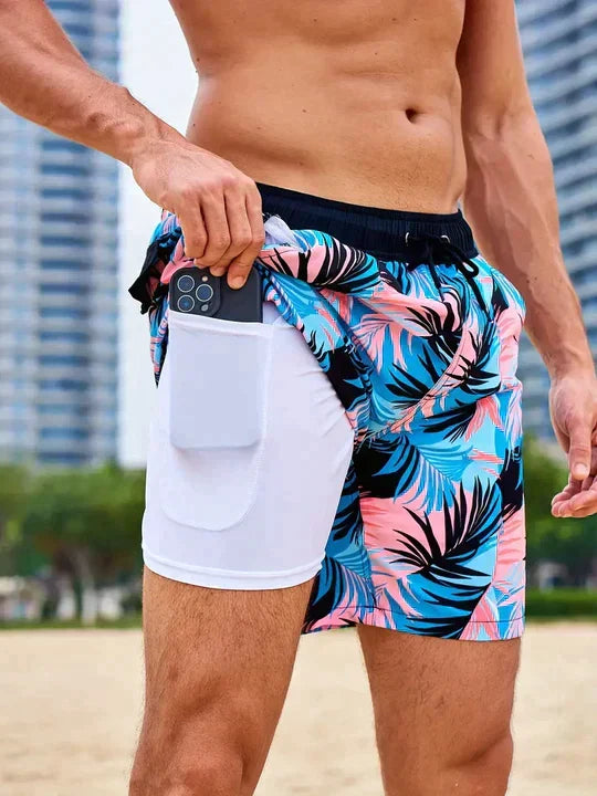 Close-up of quick-dry fabric on men's swim shorts, showcasing stretch and comfortable compression lining.