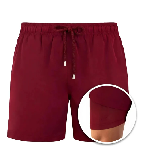 Blue quick-dry men's swim shorts. Drawstring waist, ideal for beach days, pool parties, and summer vacation.