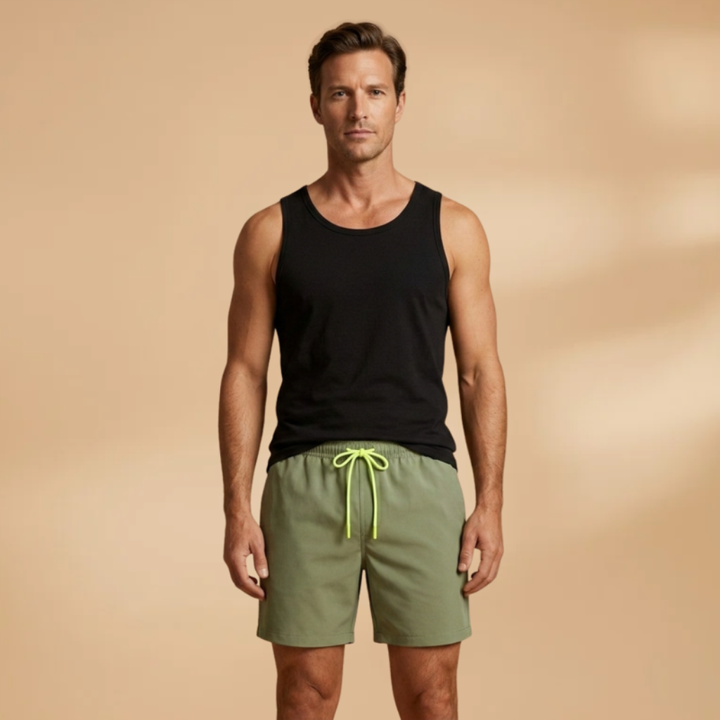 Athletic men's mid-length swim shorts, quick-dry fabric & comfortable adjustable stretch waistband.