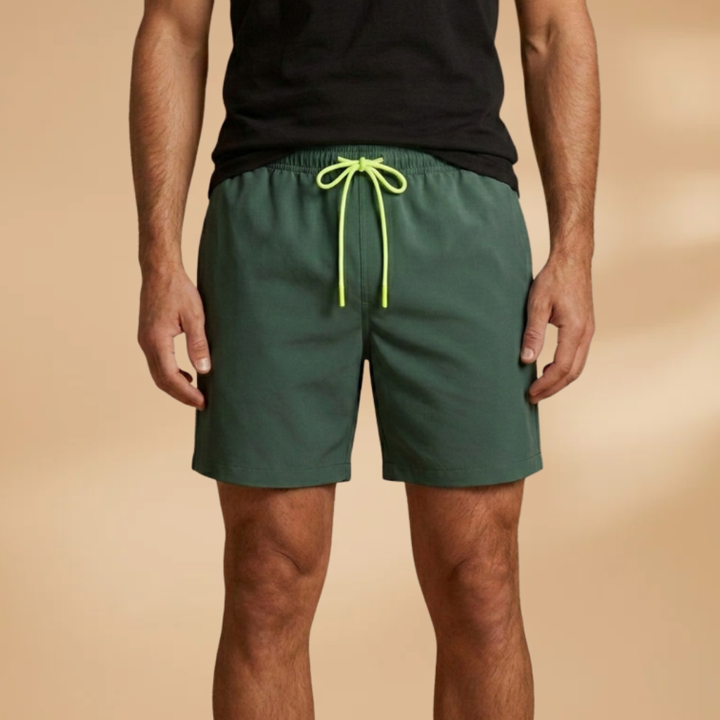 Quick-dry men's swim shorts with adjustable stretch waist, great for summer, pool, or sea.