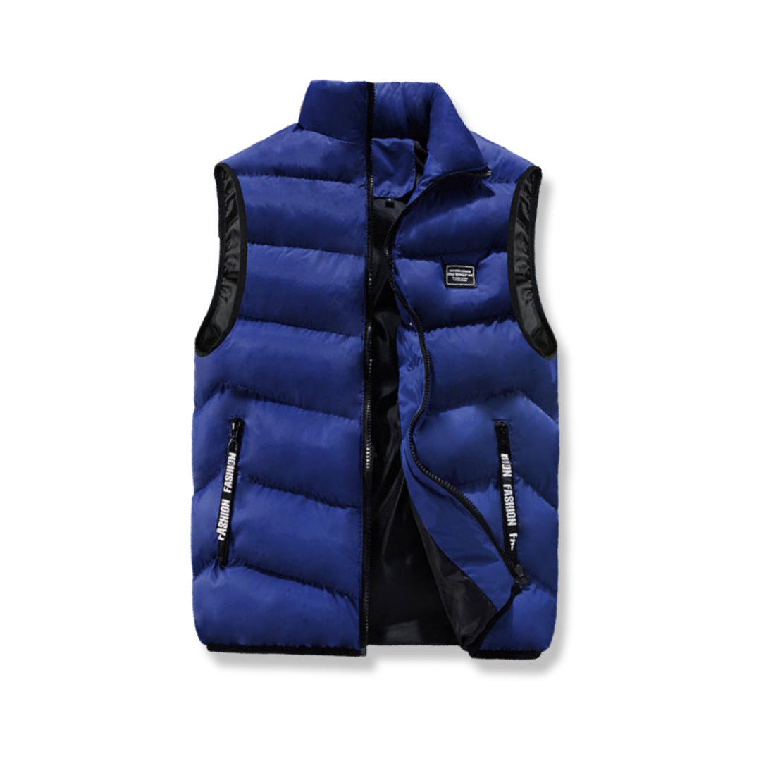 Close-up of the zip and pockets on a men's quilted gilet