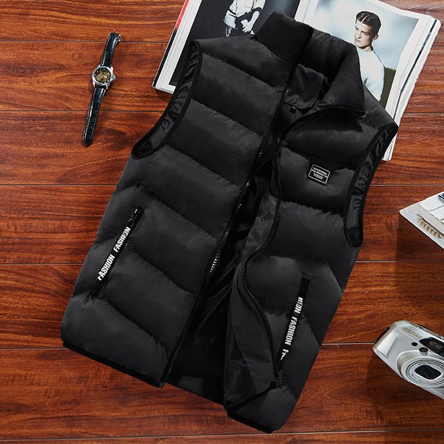 Model wearing a lightweight men's puffer vest for casual wear