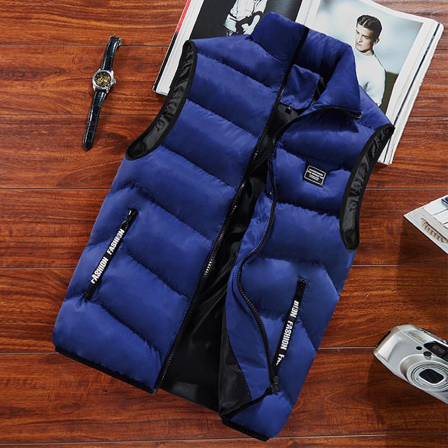 Back view of a men's quilted zip vest, ideal for transitional weather