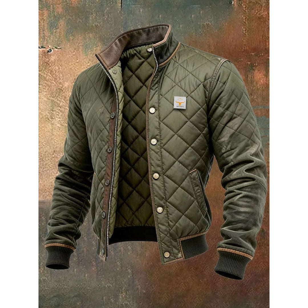 Men's quilted bomber jacket with snap buttons & stand collar, ideal for fall & winter casual outerwear.
