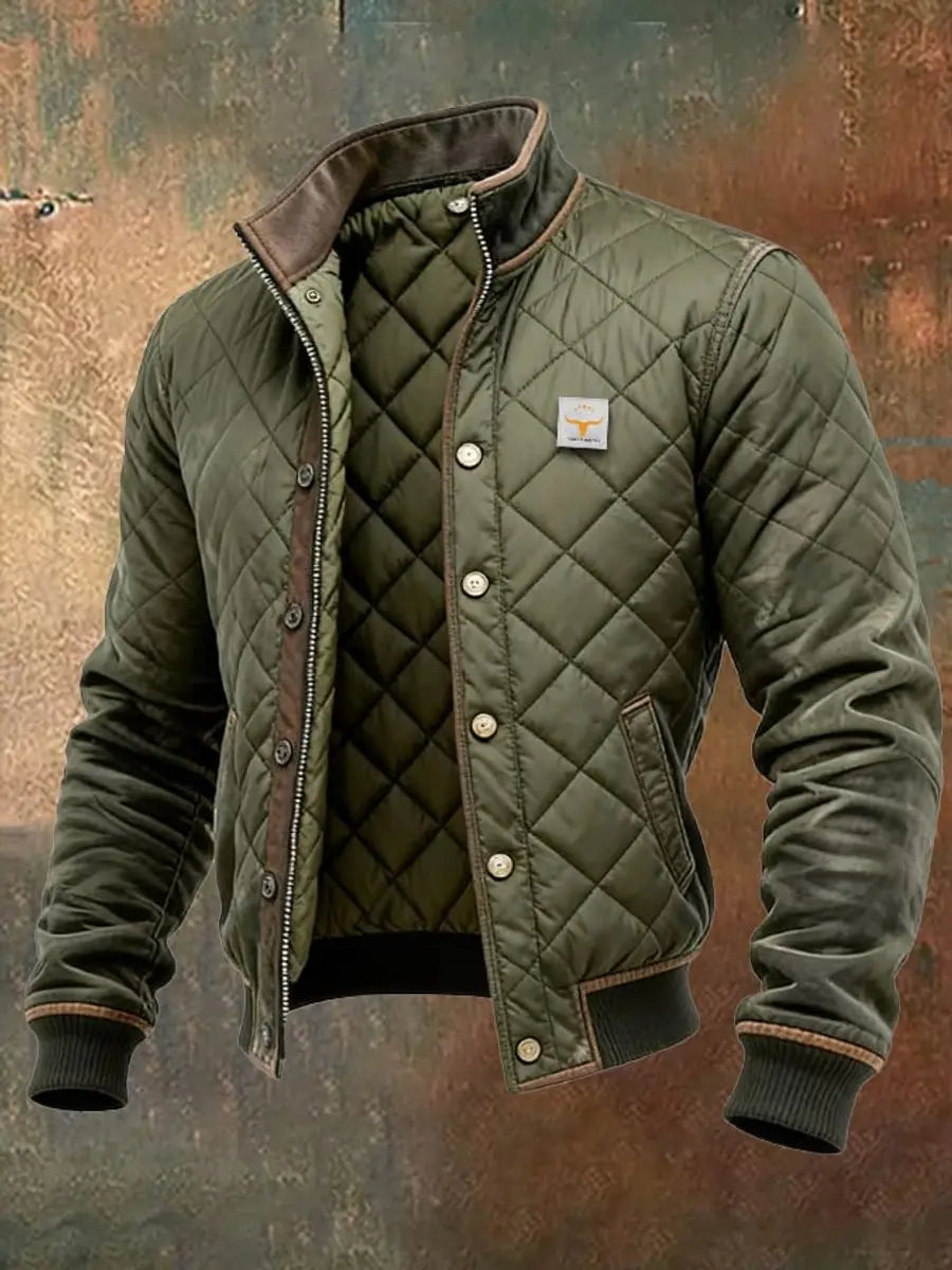 Men's quilted bomber jacket with stand collar, offering insulated warmth. Ideal casual winter outerwear.