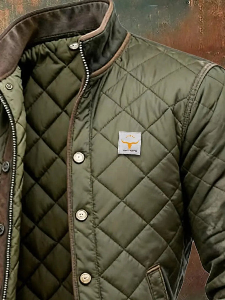 Stylish men's insulated quilted bomber jacket. Features a stand collar, perfect for cold weather fashion.