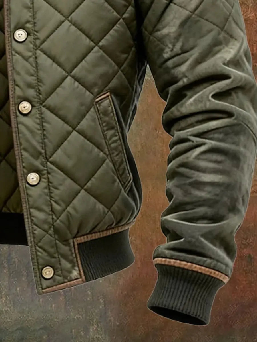 Durable men's stand collar bomber jacket, quilted for insulation. A warm winter coat for cold weather outfits.