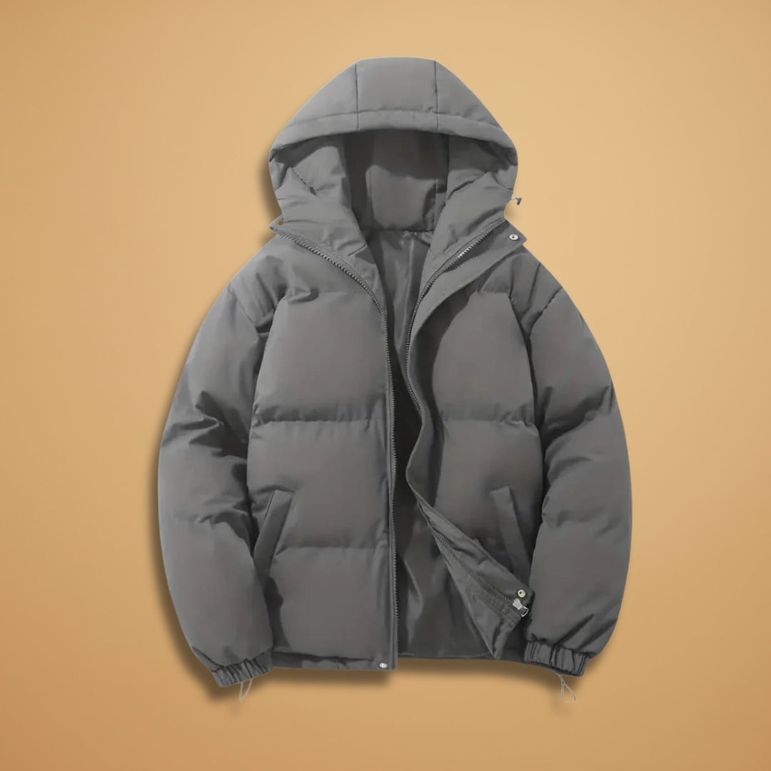 Men's quilted hooded down jacket with zip closure, perfect for winter wear.