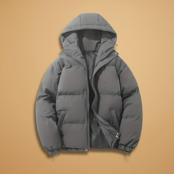 Men's quilted hooded down jacket with zip closure, perfect for winter wear.