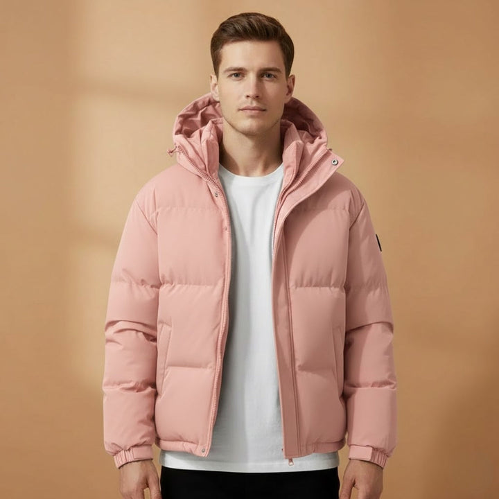 Men's hooded outerwear, featuring a classic quilted pattern and secure zip closure.
