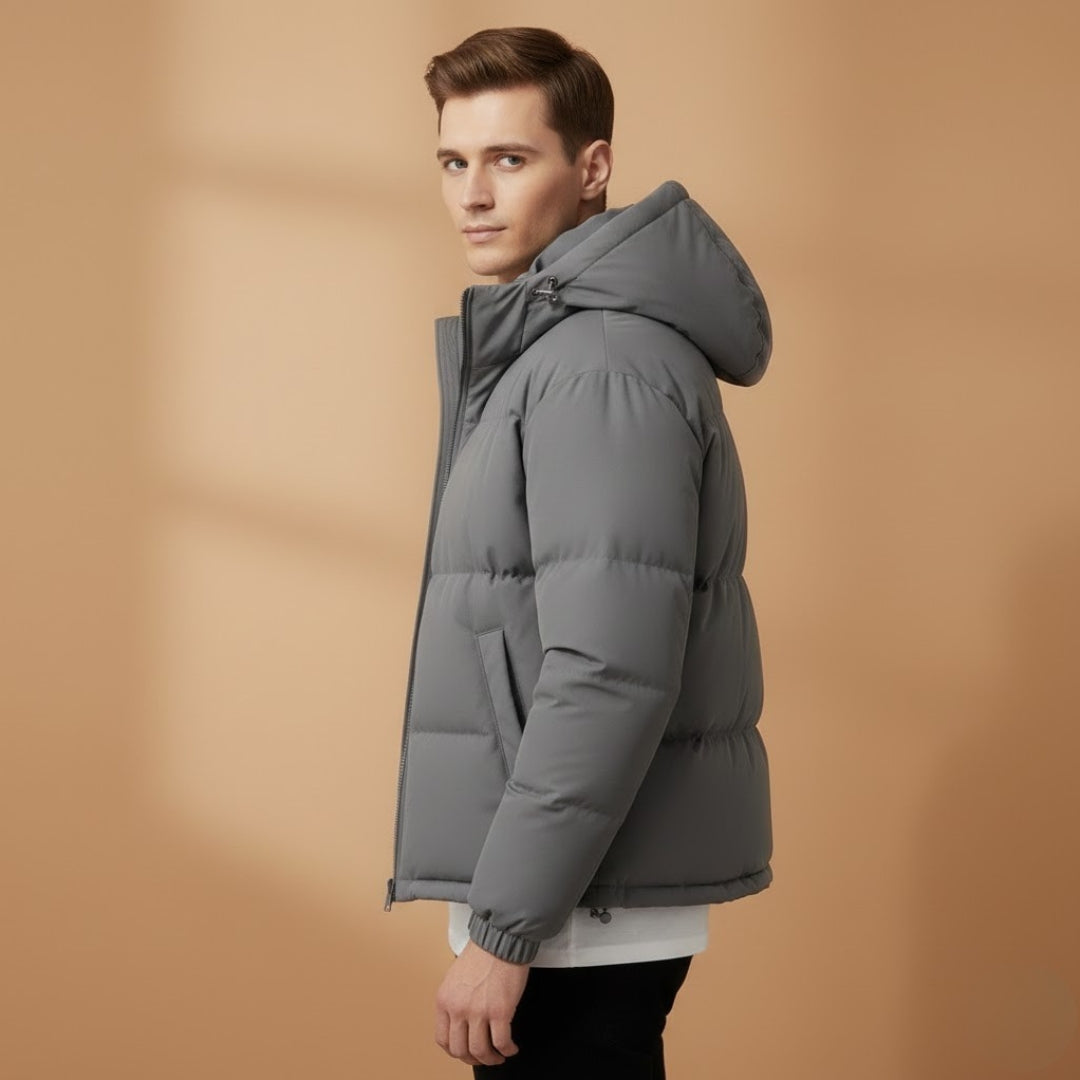 Front view of a men's down jacket with a functional zip closure and attached hood.