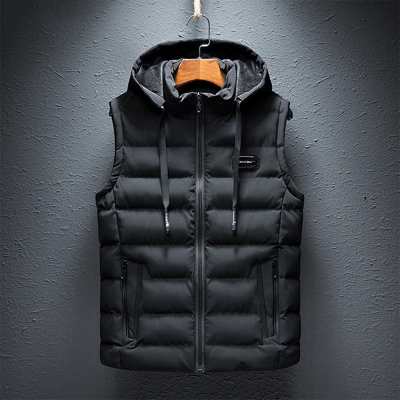 Men's quilted hooded vest in black, offering stylish warmth for casual wear.