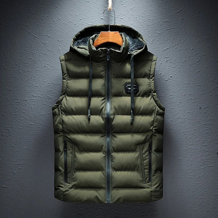 Close-up of the quilted texture on a men's hooded winter vest.