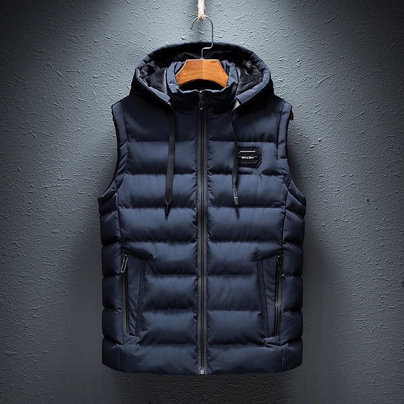 Durable polyester blend men's hooded vest, ideal for chilly weather.