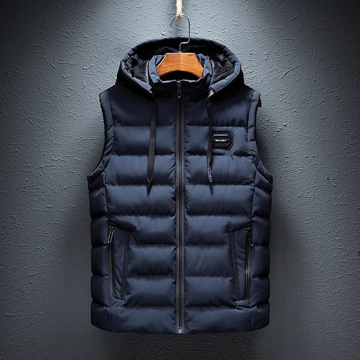 Durable polyester blend men's hooded vest, ideal for chilly weather.