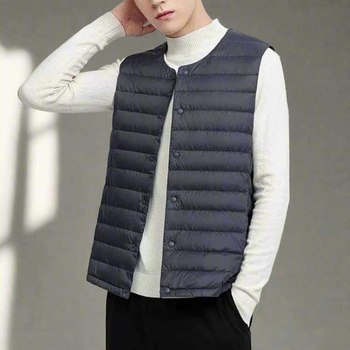 Men's quilted lightweight bodywarmer, minimal snap front gilet, ideal for transitional layering.