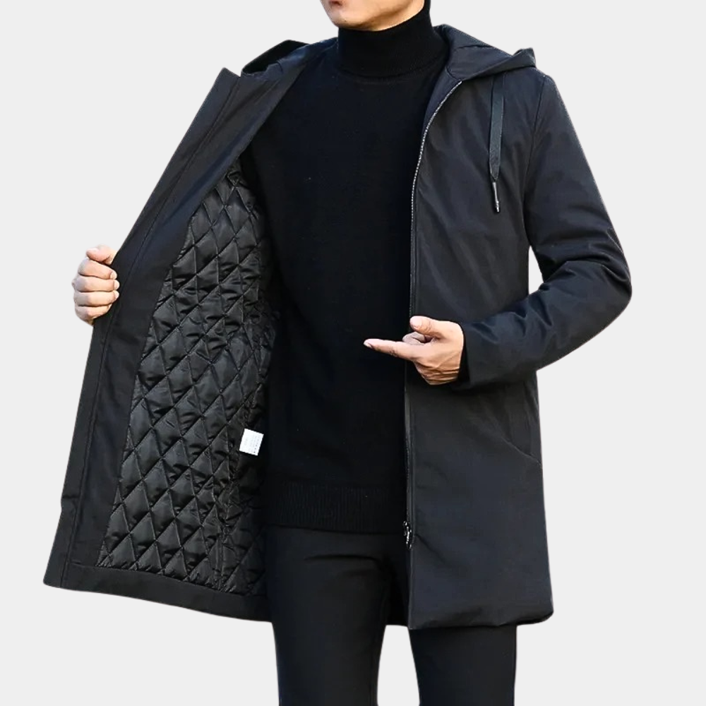 Men's quilted mid-length hooded coat for all-weather protection.