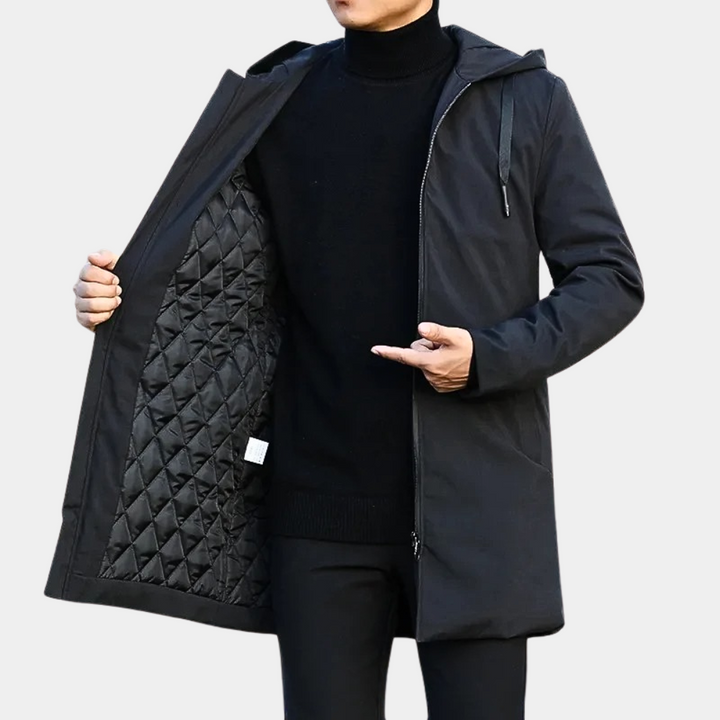 Men's quilted mid-length hooded coat for all-weather protection.