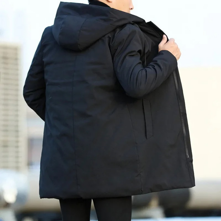 Warm men's quilted jacket with a hood, perfect for fall and winter.