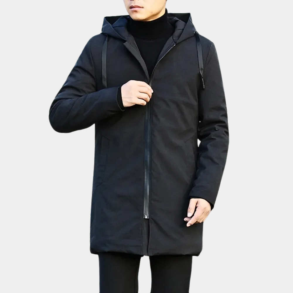 Casual zip-up outerwear for men, featuring a mid-length quilted design.