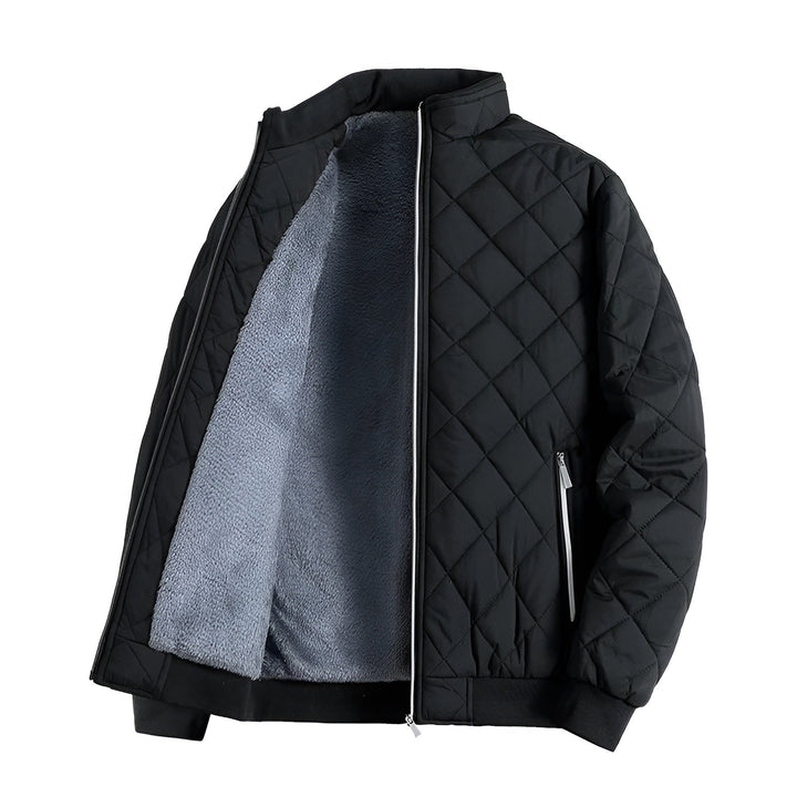 Close-up of men's thermal quilted jacket showing detailed stitching and zip pockets.