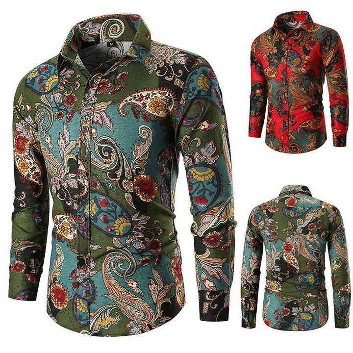 Men's red paisley pattern long sleeve shirt, stylish fashion casual wear