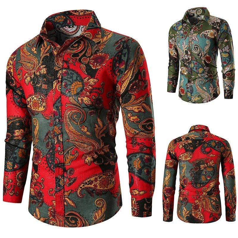 Stylish men's long sleeve shirt with vibrant green paisley print
