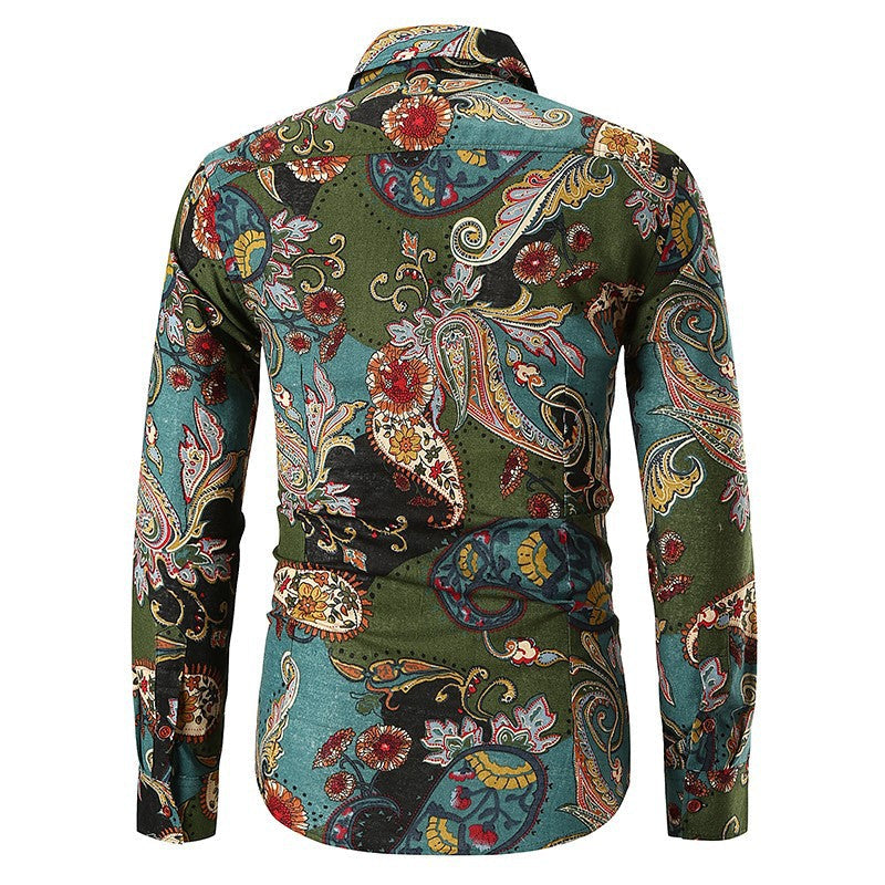 Elegant men's evening wear shirt, detailed green paisley pattern, long sleeves