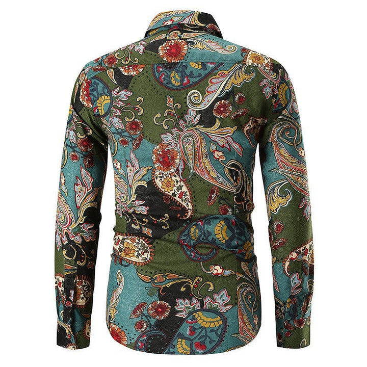 Elegant men's evening wear shirt, detailed green paisley pattern, long sleeves