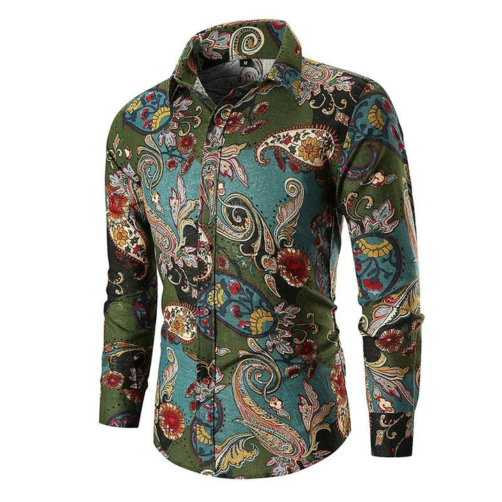 Comfortable men's long sleeve shirt with a classic green paisley motif