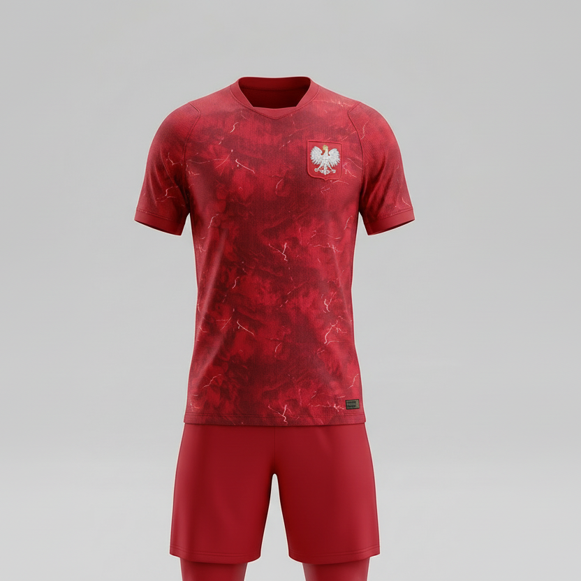 Men's red Poland home football fan jersey. Quick-dry stadium style for supporters of the national team.