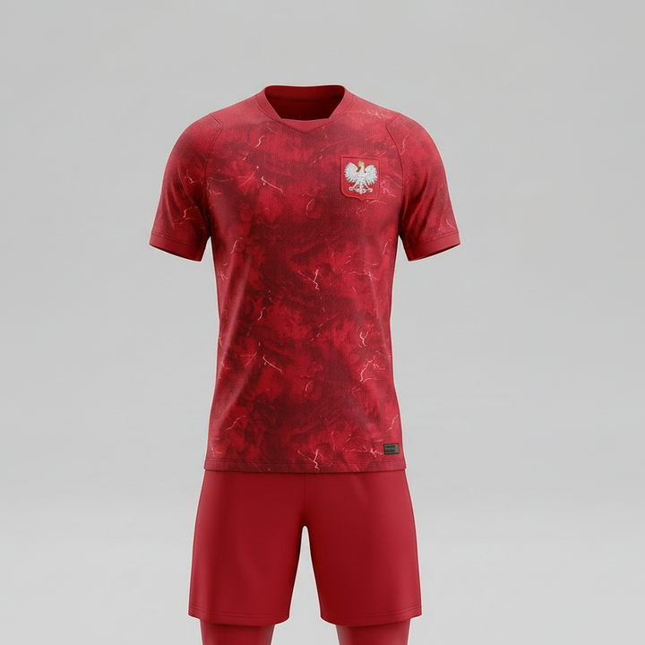 Men's red Poland home football fan jersey. Quick-dry stadium style for supporters of the national team.