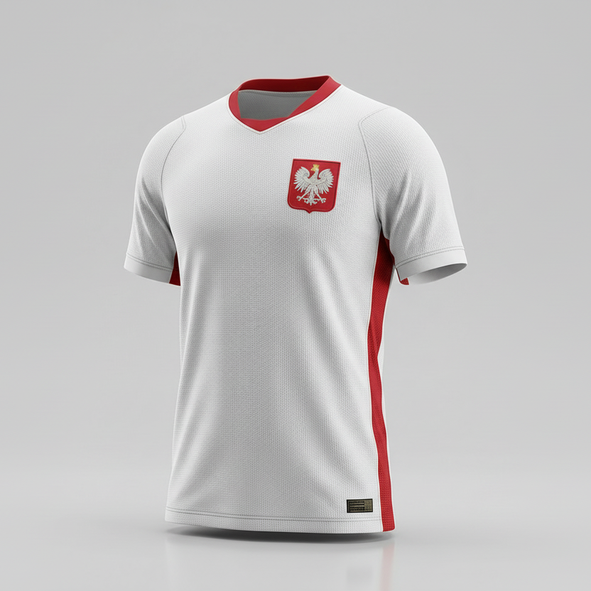 White Men's Poland away soccer fan jersey. Athletic quick-dry sports top for national team supporters.
