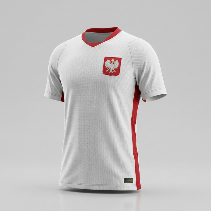 White Men's Poland away soccer fan jersey. Athletic quick-dry sports top for national team supporters.