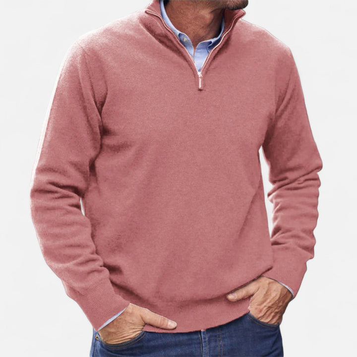Men's refined zipper knit sweater in charcoal grey, perfect for smart casual wear.