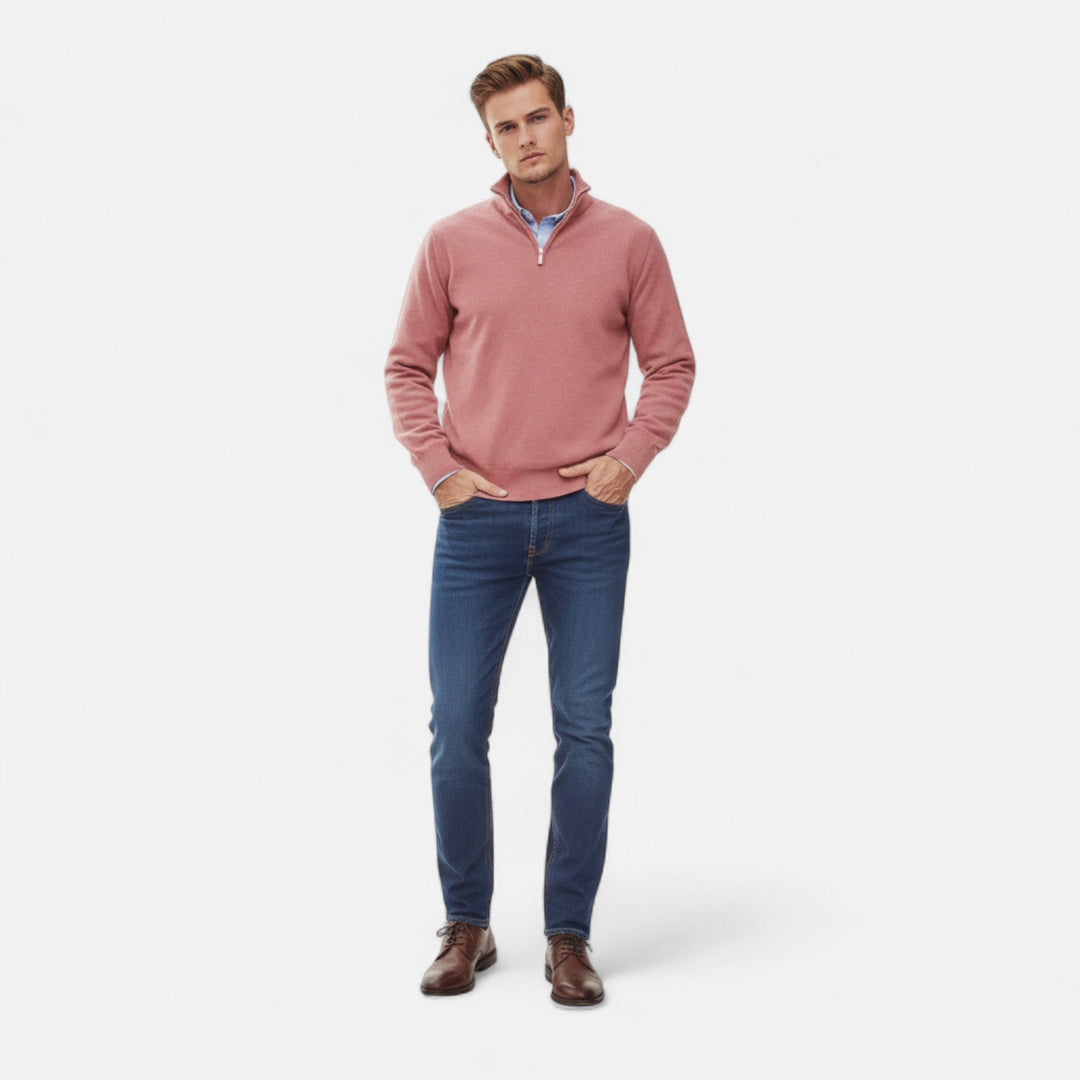 Close-up of the detailed zipper and knit texture on a men's smart casual sweater.