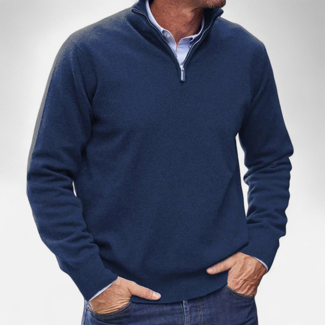Stylish menswear: men's refined zipper knit sweater in a rich burgundy shade.