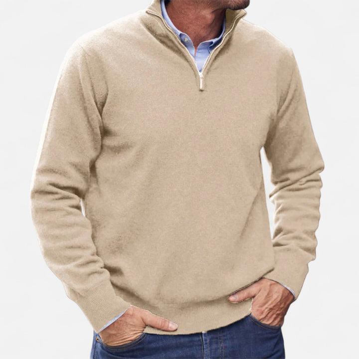 A comfortable and stylish men's knit sweater with a full zipper, ideal for fall.