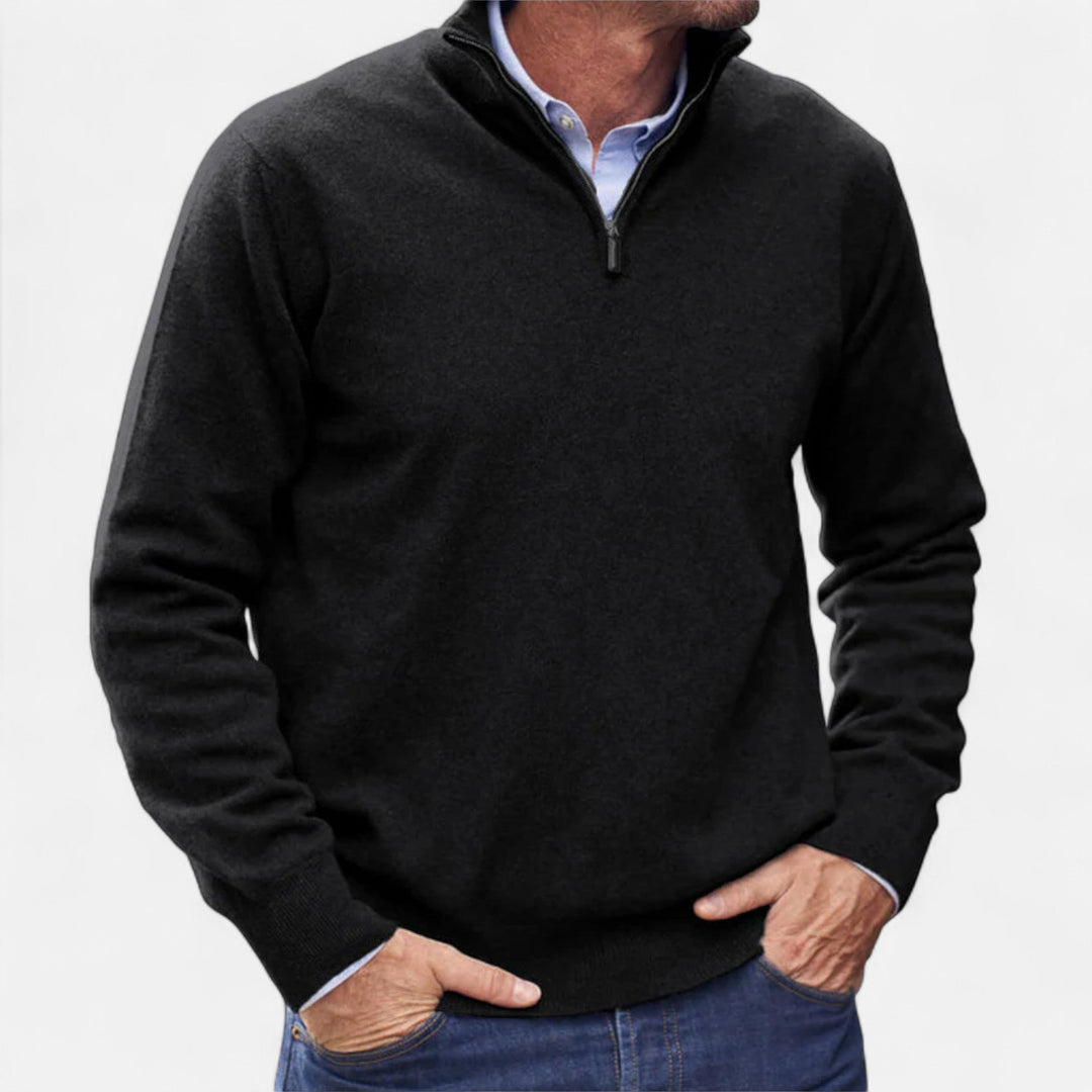 Model demonstrating the smart casual appeal of this men's zipper knit pullover sweater.