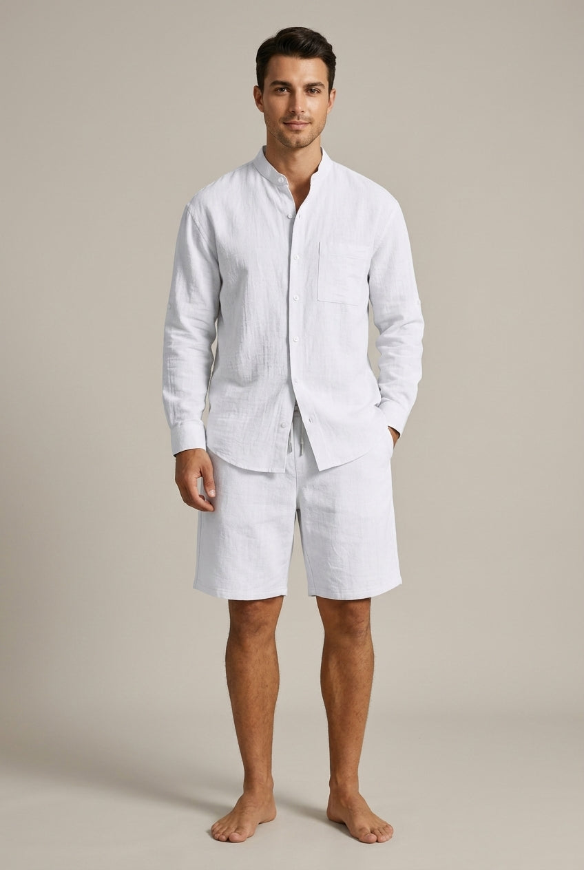 Men's relaxed band collar shirt & shorts set, perfect casual summer outfit for vacation or everyday wear.