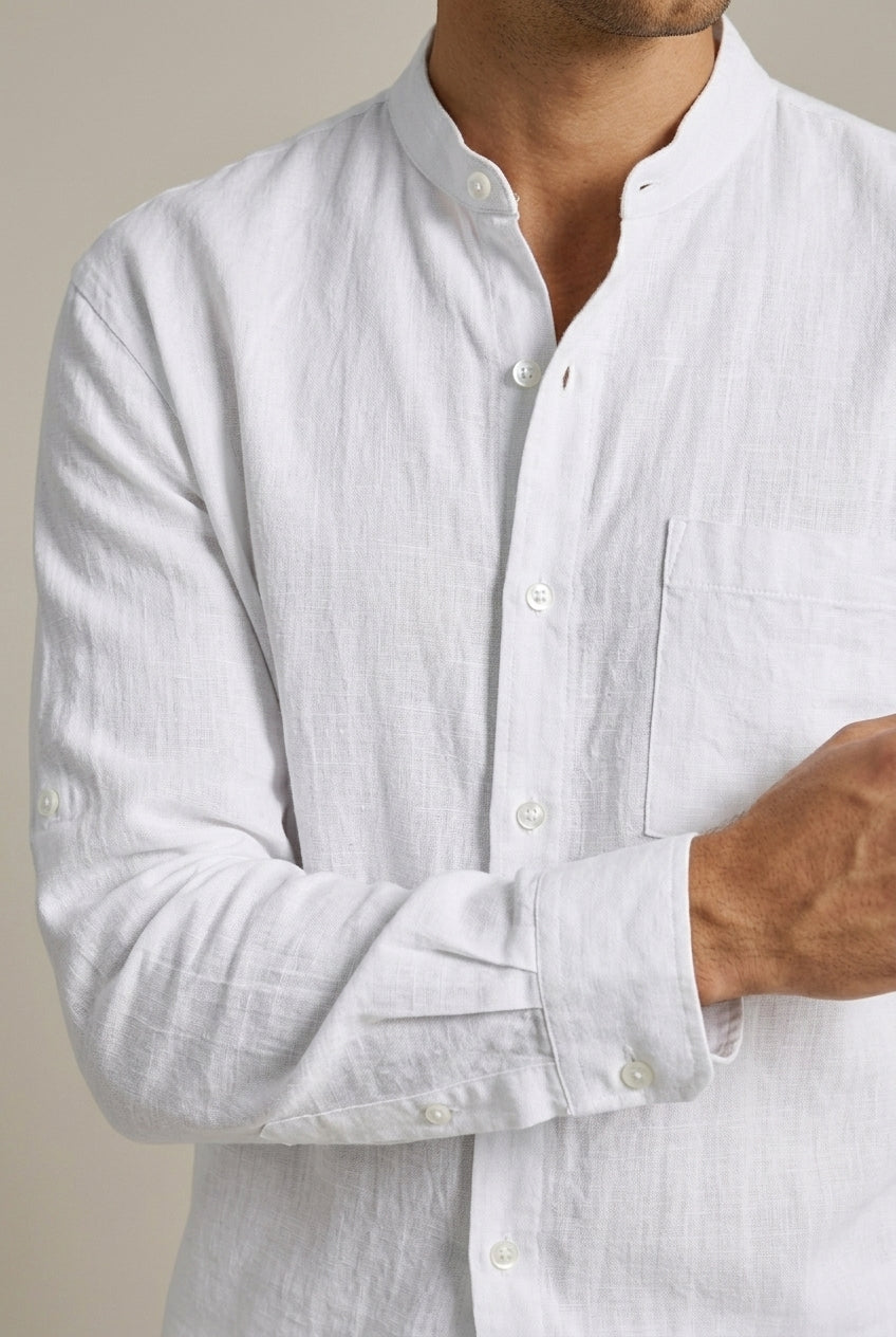 Stylish men's two-piece set featuring relaxed fit band collar shirt & summer shorts, ideal for beachwear.