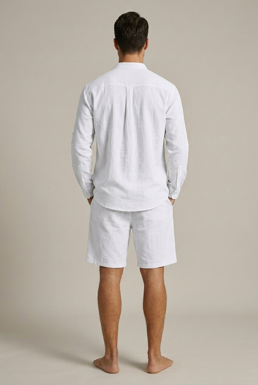 Comfortable men's loungewear set with a long sleeve band collar shirt & matching summer shorts.